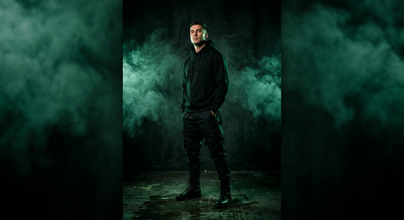 Model mengenakan streetwear hitam Black Knight Style